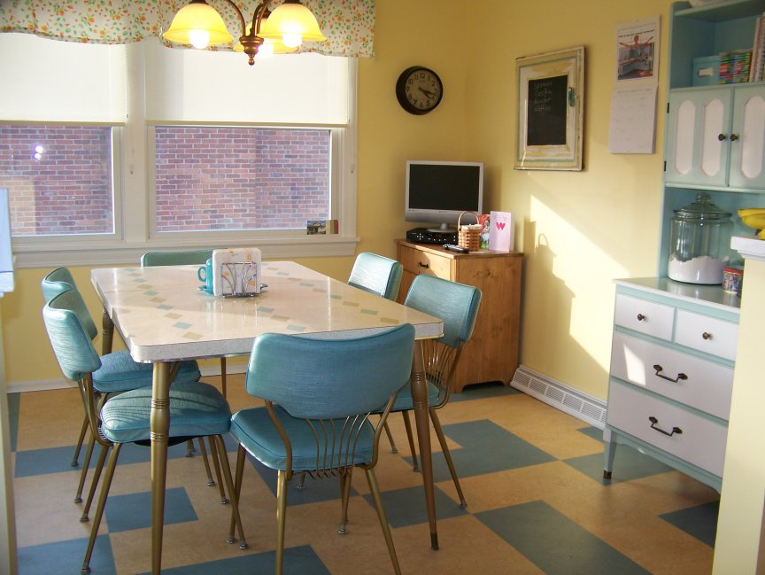 Pittsburgh Retro Kitchen with Table Chairs Shelves and Window